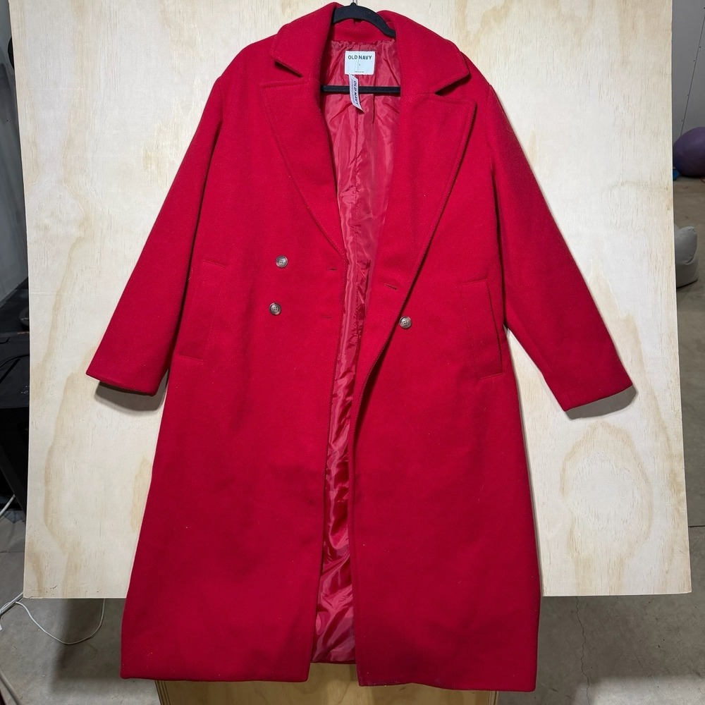 Old Navy Womens Large Long Red Double Breasted Peacoat Trench Coat NWT